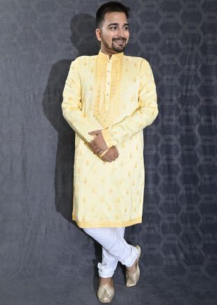 Yellow Mens Embroidered Kurta With Pajama