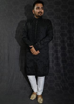Black Mens Embroidered Kurta Pajama Set