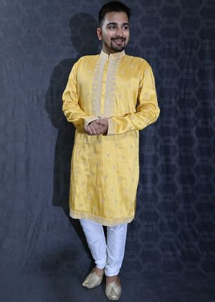 Yellow Mens Kurta Pajama In Thread Embroidery
