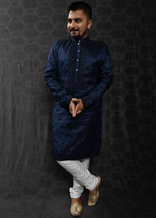 Navy Blue Embroidered Kurta With Pajama Set