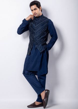 Navy Blue Embroidered Kurta Pajama & Jacket