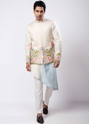 Shaded Cream & Blue Kurta Pajama With Jacket