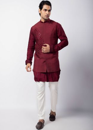 Maroon Embroidered Kurta Pajama & Nehru Jacket
