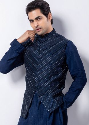 Navy Blue Embellished Silk Jacket