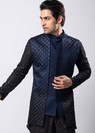 Navy Blue Embellished Linen Jacket