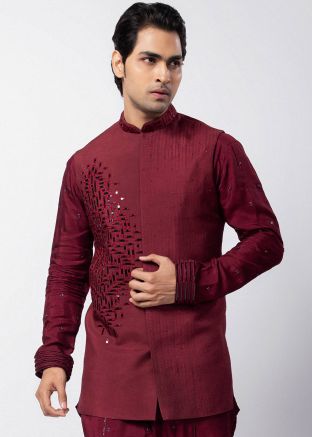 Maroon Embroidered Mens Nehru Jacket