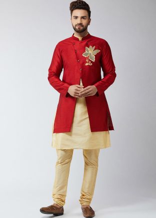 Mens Cream Kurta Pajama With Jacket