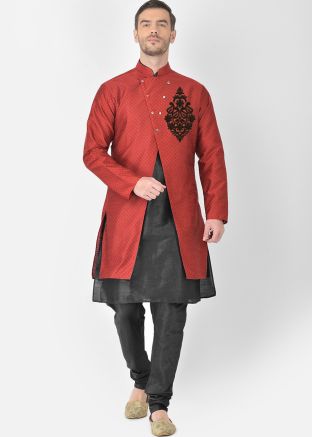 Black Kurta Churidar With Embroidered Jacket