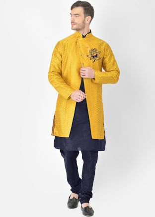 Navy Blue Kurta Pajama & Embroidered Jacket