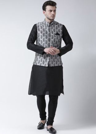 Black Mens Dupion Silk Kurta Pajama With Nehru Jacket