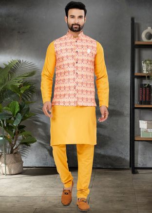 Yellow Cotton Mens Nehru Jacket Kurta Pajama