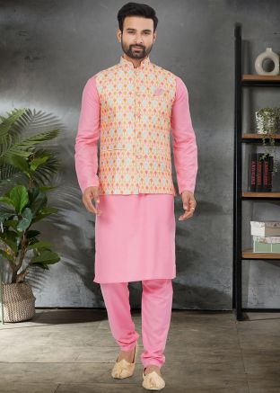 Pink Cotton Mens Kurta Pajama With Nehru Jacket