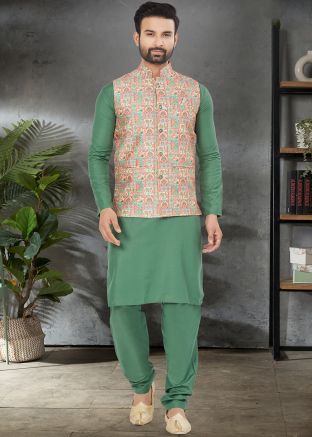 Green Cotton Mens Nehru Jacket Kurta Pajama