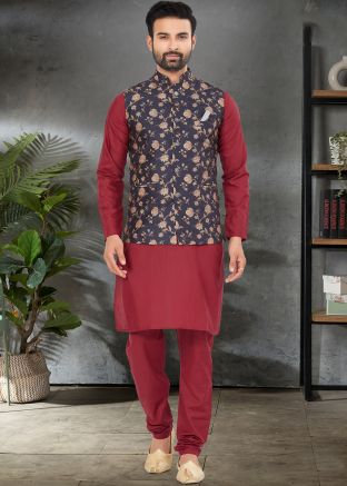 Red Cotton Mens Kurta Pajama With Nehru Jacket