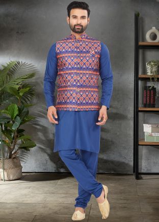 Blue Mens Nehru jacket Kurta Pajama In Cotton