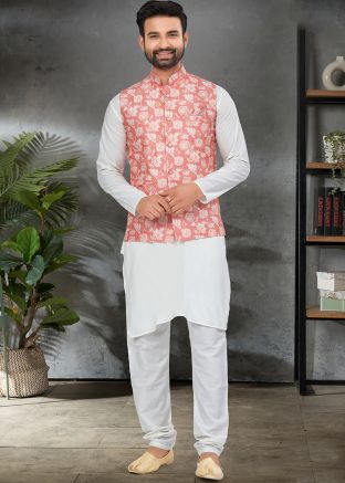White Cotton Mens Nehru Jacket Kurta Pajama