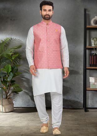 White Mens Nehru Jacket Kurta Pajama In Cotton