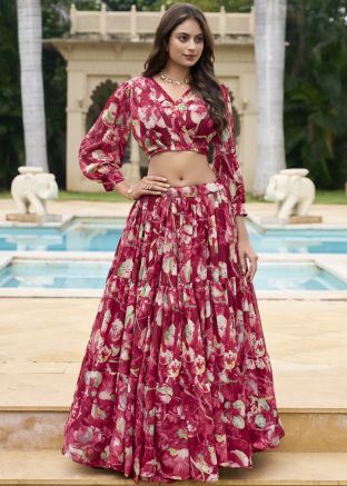 Maroon Digital Print Skirt Set In Georgette