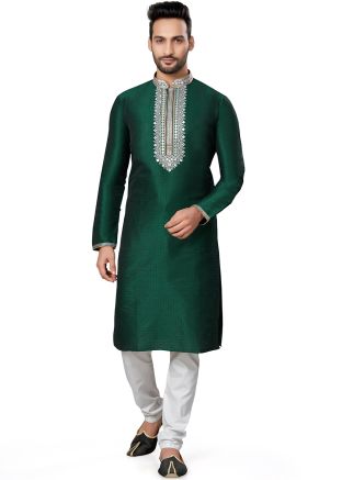 Green Embroidered Kurta Pajama In Silk