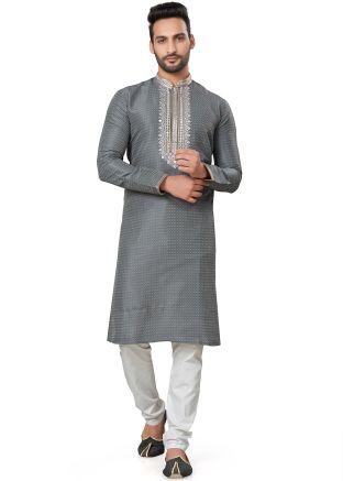 Grey Embroidered Kurta Pajama In Silk