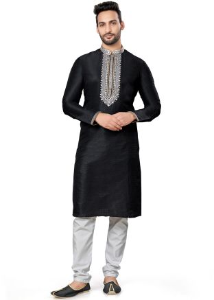 Black Embroidered Kurta Pajama In Silk