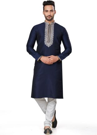Blue Embroidered Kurta Pajama In Silk