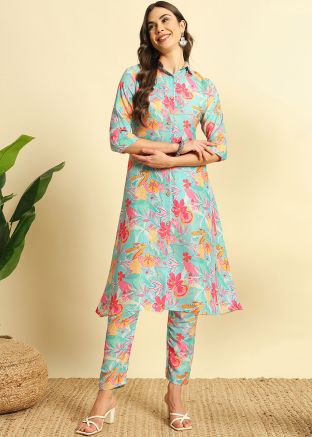 Blue Floral Print Kurta Set In Cotton