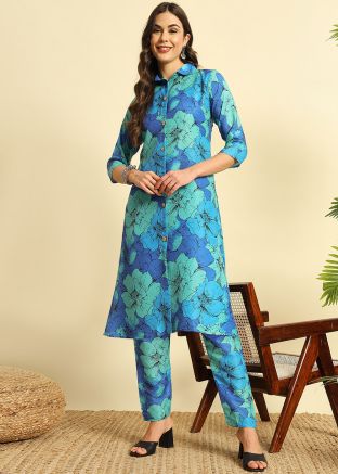 Blue Floral Print Cotton Kurta Set