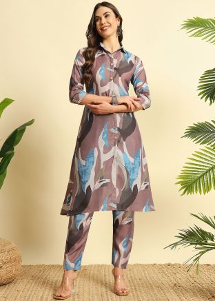 Purple Printed Kurta Set In Cotton