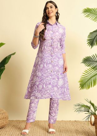 Purple Floral Print Kurta Set In Cotton