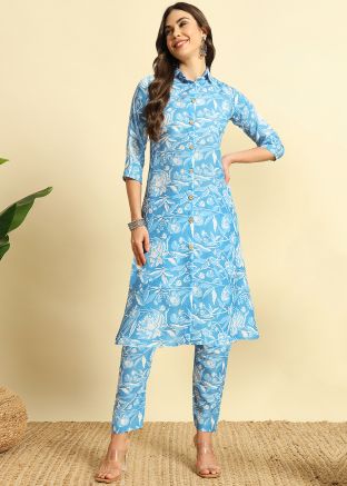 Blue Floral Print Cotton Kurta Set