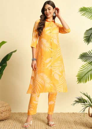 Yellow Cotton Kurta Set In Floral Print