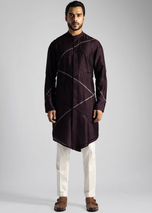Wine Embellished Mens Kurta Pajama In Silk