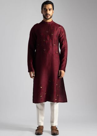 Maroon Embroidered Mens Silk Kurta Pajama Set