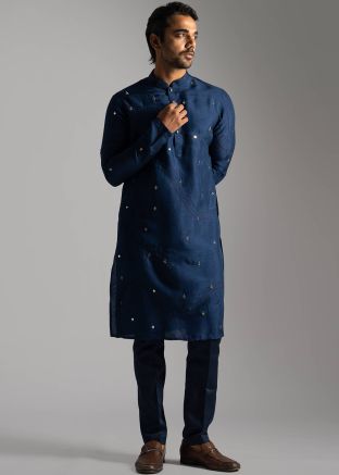 Navy Blue Mirror Embellished Kurta Pajama