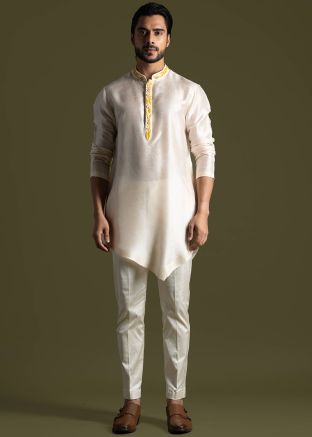 Cream Embroidered Mens Asymmetric Kurta Pajama