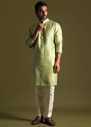 Green Mens Pintucks Kurta Pant Set