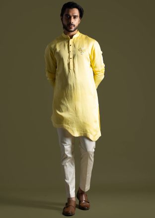 Yellow Embroidered Mens Kurta Pant Set