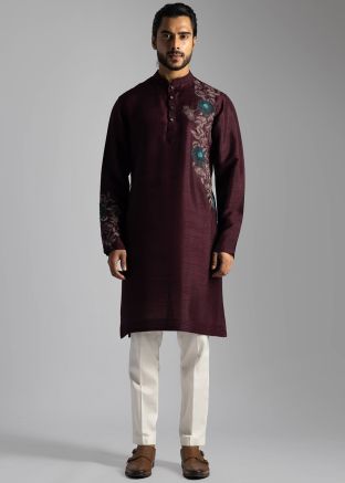 Maroon Embroidered Silk Kurta Pant Set