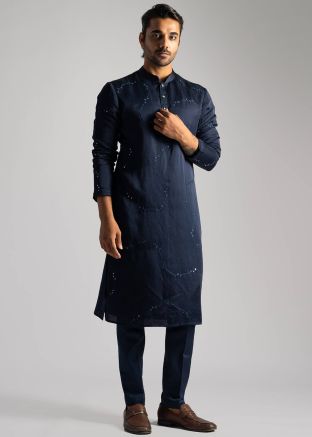 Navy Blue Embellished Kurta Pajama In Linen