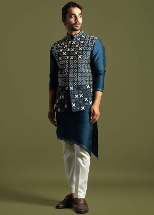 Teal Blue Asymmetric Kurta Pant & Embroidered Jacket