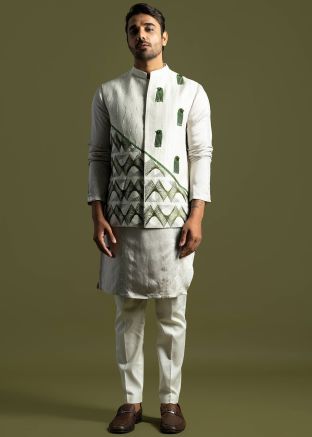 Grey Readymade Embroidered Kurta Pant & Nehru Jacket