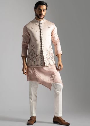 Pink Pintucks Asymmetric Kurta Pant With Jacket