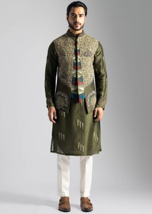 Green Embroidered Kurta Pant & Asymmetric Jacket