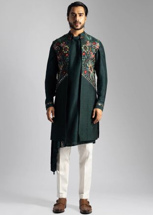 Green Embroidered Drape Style Kurta Pant & Jacket