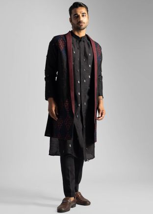 Brown Embroidered Kurta Pant & Long Jacket