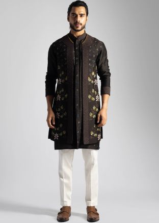 Brown Kurta Pant & Embroidered Long Jacket