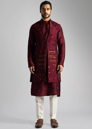 Maroon Embroidered Kurta Pant & Long Jacket