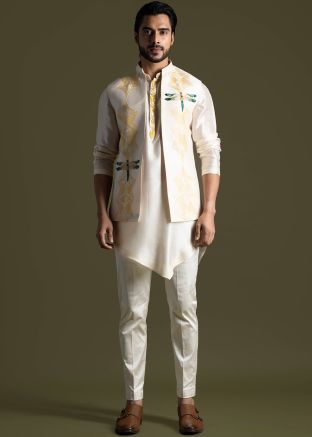 Cream Embroidered Kurta Pajama & Jacket