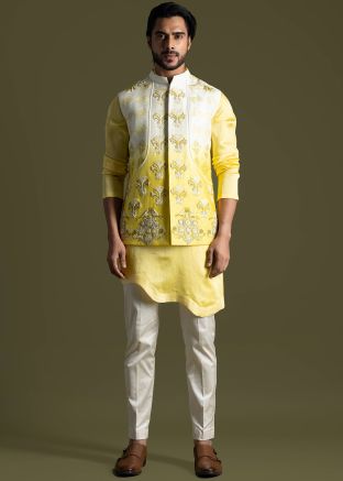 Yellow Kurta Pant & Embroidered Nehru Jacket